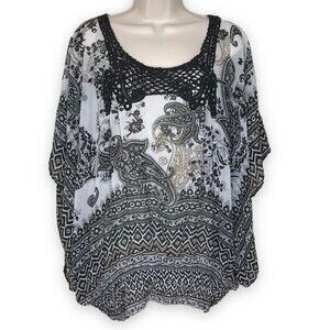 Bila Open Sleeve Smocked Elastic Waist Crochet Lace Neck Black White Tan Top 1X